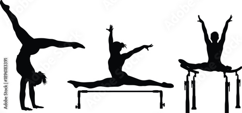 Artistic gymnastics silhouettes showing female athletes performing balance beam, uneven bars and floor exercises in dynamic poses isolated on white background studio