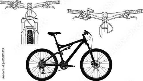 Mountain bike technical illustration set, bicycle handlebar details, front view components, cycling equipment black vector outline design
