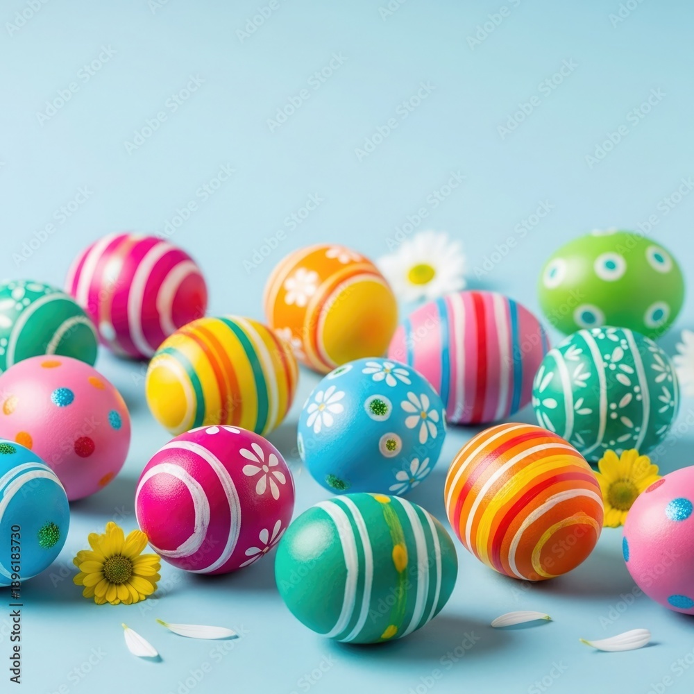 Fototapeta premium Vibrant Easter eggs with colorful patterns on light blue background