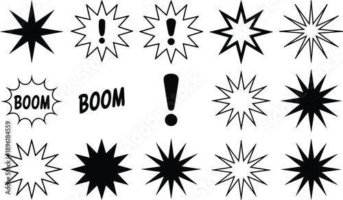 Collection of solid explosion icons featuring various blasts, bombs, bursts, and explosive symbols, clean modern vector illustration set