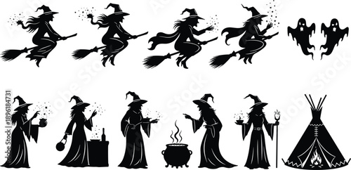 Witch silhouettes, ghost figures, broomstick, cauldron, potion, flame, Halloween, magic, black vector, editable, flat vector illustration