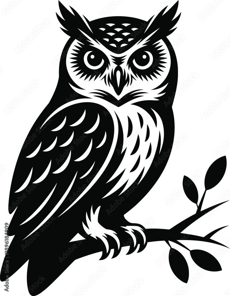 Obraz premium Majestic owl perched on branch in striking black and white