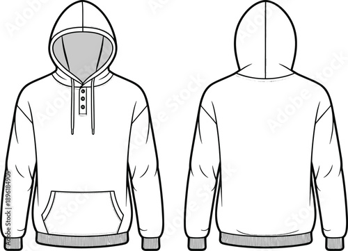 Front and back view hoodie sweatshirt technical fashion illustration, clean outline vector mockup for apparel design, streetwear clothing template, casual unisex pullover hoodie