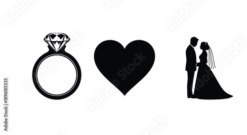 Beautiful engagement ring and couple silhouette