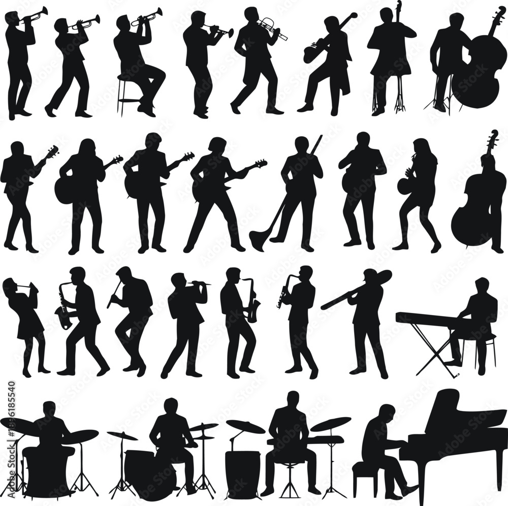 Fototapeta premium Silhouettes of musicians playing various instruments in dynamic poses