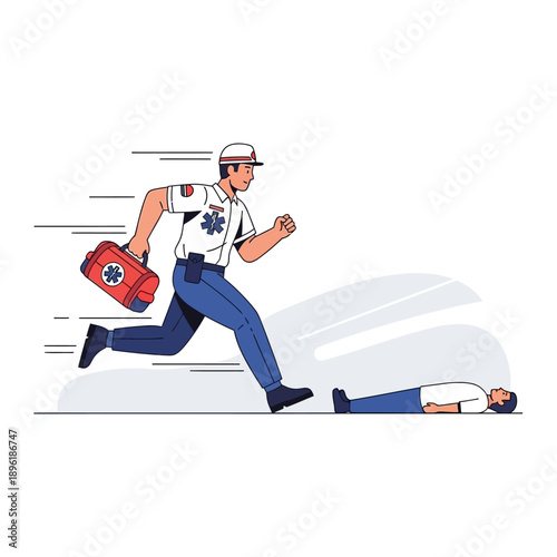 Emergency medical technician rushing to aid a fallen person with a first aid kit, for medical or emergency response concepts isolated on White Background