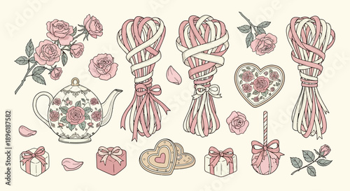 Vintage hand-drawn collection of romantic elements including pink roses, teapot, gift boxes, heart cookies, and ribbon bundles on a light background.