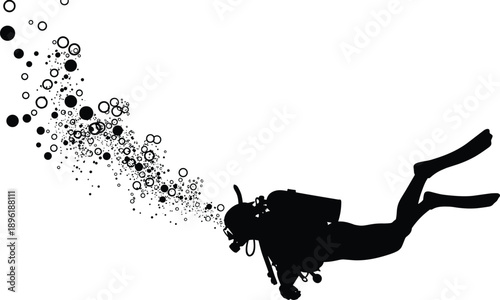 Silhouette scuba diver underwater releasing air bubbles, isolated on white background, deep sea diving concept, adventure sport, freedom, exploration, minimal design, marine lifestyle illustration