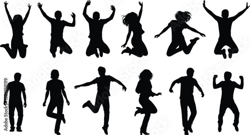 Silhouettes of energetic people jumping and dancing in joyful poses, celebrating freedom, youth, success, teamwork, happiness, active lifestyle, and positive human emotions on white background