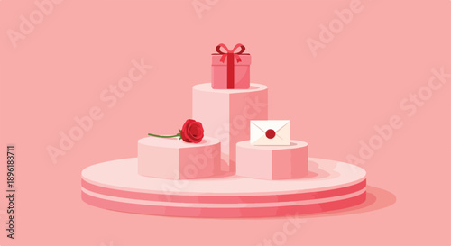 Minimalist pink still life composition with stacked presents and desserts on a round platform against a solid background.