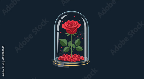 Illustration of a red rose under a glass dome on a dark background with red beads.