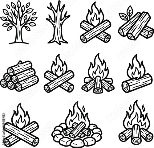 Campfire and firewood icons set, black and white bonfire silhouettes, camping logs, burning wood piles, and outdoor nature forest elements,