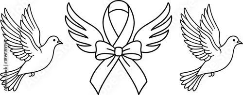 Flying pigeons and awareness ribbon with wings icons set, peace dove silhouettes, commemorative line art for hope and mourning designs,