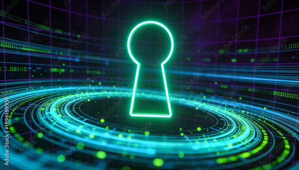 Fototapeta premium Glowing Green Neon Keyhole Icon in High Speed Digital Data Stream. Futuristic Cyber Security Access and Internet Connection Concept. Abstract Sci-Fi Smart City Background 3D Illustration