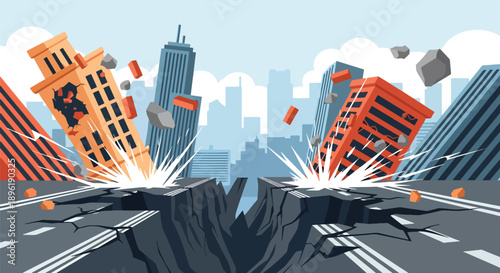Modern vector illustration of an earthquake damaging urban buildings and roads, highlighting disaster preparedness, emergency response, and urban resilience