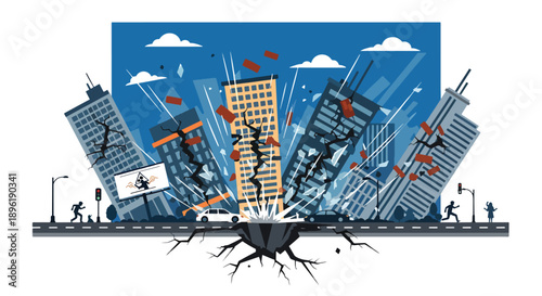 Modern vector illustration of an earthquake damaging urban buildings and roads, highlighting disaster preparedness, emergency response, and urban resilience