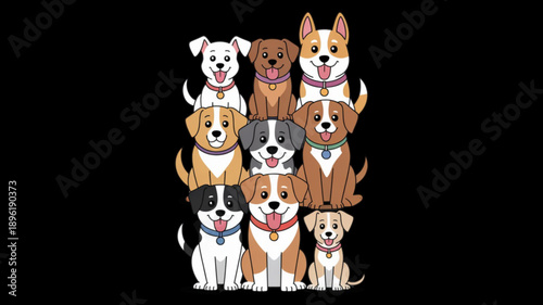 Group of dogs cartoon illustration isolated on black background.