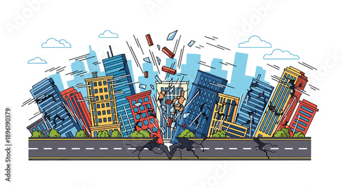 Modern vector illustration of an earthquake damaging urban buildings and roads, highlighting disaster preparedness, emergency response, and urban resilience