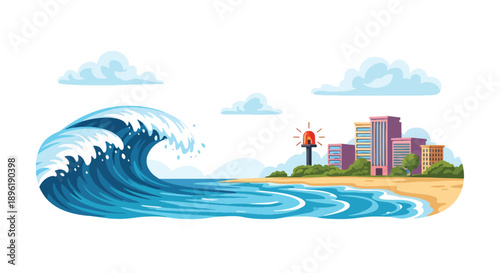 Modern vector illustration of a tsunami approaching coastal town with evacuation routes and emergency systems, promoting disaster awareness, safety planning, and coastal protection