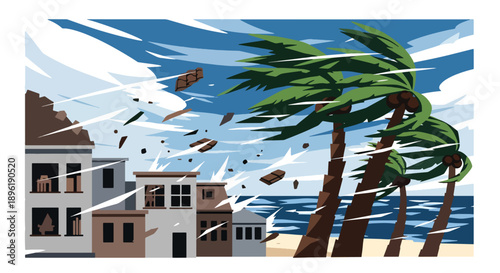 Modern vector illustration of a hurricane hitting seaside houses with strong winds and debris, emphasizing disaster response, weather safety, and community resilience