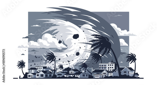 Modern vector illustration of a hurricane hitting seaside houses with strong winds and debris, emphasizing disaster response, weather safety, and community resilience