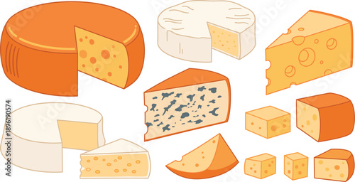 Cheese Variety Illustration Set Featuring Cheddar, Swiss, Blue Cheese, Brie, Parmesan and Cheese Cubes
