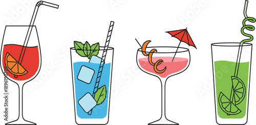 Cocktail Drink Illustration Set with Wine Glass Highball and Citrus Garnish Isolated on White Background