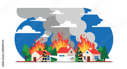 Modern vector illustration of wildfire spreading near homes with firefighters controlling flames, promoting forest protection, climate awareness, and disaster response