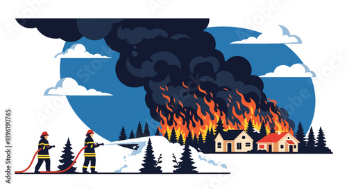 Modern vector illustration of wildfire spreading near homes with firefighters controlling flames, promoting forest protection, climate awareness, and disaster response