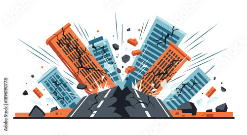 Modern vector illustration of an earthquake damaging urban buildings and roads, highlighting disaster preparedness, emergency response, and urban resilience