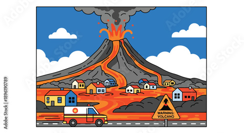 Modern vector illustration of volcanic eruption with lava and ash clouds, evacuation vehicles, and warning systems, emphasizing geological disaster awareness and safety