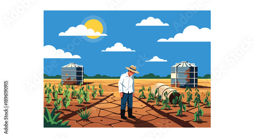 Modern vector illustration of drought-stricken farmland with cracked soil and dry crops, highlighting climate impact, water scarcity, and food security risks