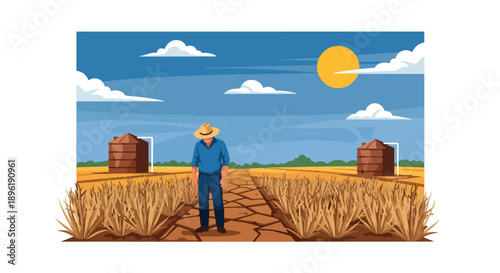Modern vector illustration of drought-stricken farmland with cracked soil and dry crops, highlighting climate impact, water scarcity, and food security risks
