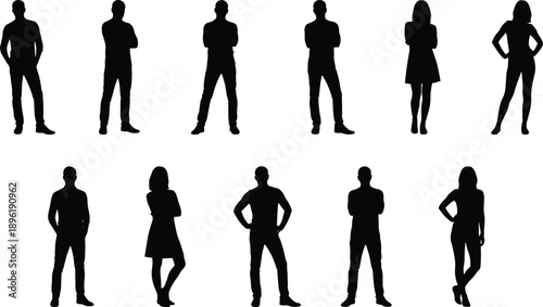 Set of black people silhouettes standing in different poses, diverse group of men and women, professional vector illustration collection