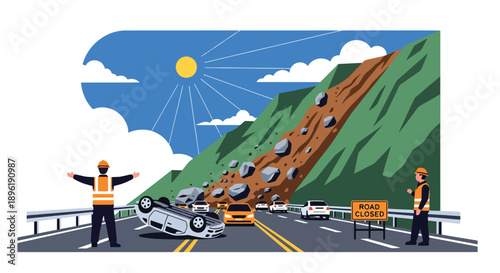 Modern vector illustration of landslide blocking mountain roads with emergency crews on site, showing disaster response, infrastructure safety, and risk management