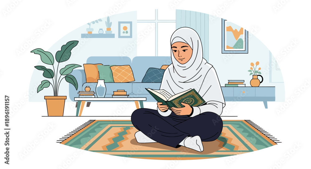 Fototapeta premium Muslim woman reading Quran in a cozy living room, hijab, Islamic culture