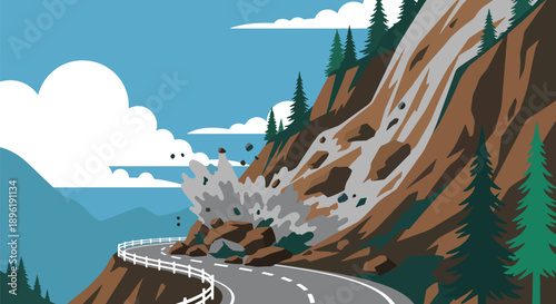 Modern vector illustration of landslide blocking mountain roads with emergency crews on site, showing disaster response, infrastructure safety, and risk management