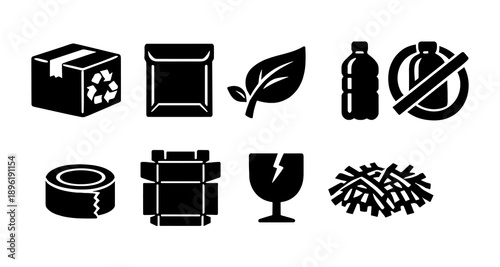 Recycling and waste management icons: box, bag, leaf, bottle, tape, glass, shredded paper