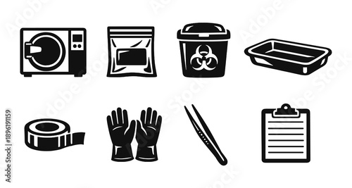 Sterilization equipment icons: oven, bag, biohazard bin, tray, tape, gloves, tweezers, clipboard