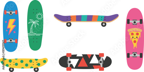 Colorful Skateboard Illustration Set with Retro Graphic Deck Designs Isolated on White Background