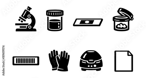 Microbiology lab equipment icons: microscope, petri dish, gloves, centrifuge