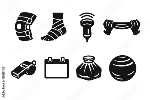 Sports injury icons: brace, bandage, therapy, stretch, whistle, calendar, ice, ball