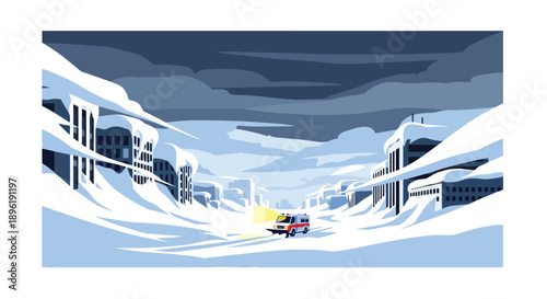 Modern vector illustration of blizzard covering city streets with emergency vehicles and shelters, highlighting winter disaster preparedness and public safety