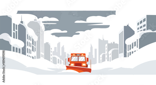 Modern vector illustration of blizzard covering city streets with emergency vehicles and shelters, highlighting winter disaster preparedness and public safety