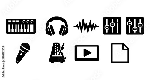 Music production icons: keyboard, headphones, waveform, microphone, controls, metronome