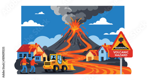 Modern vector illustration of volcanic eruption with lava and ash clouds, evacuation vehicles, and warning systems, emphasizing geological disaster awareness and safety