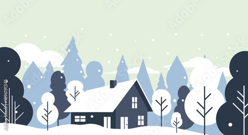 Serene Winter Landscape with Snow Covered House and Trees.