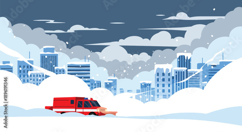 Modern vector illustration of blizzard covering city streets with emergency vehicles and shelters, highlighting winter disaster preparedness and public safety