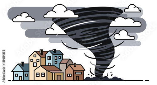Modern vector illustration of tornado approaching suburban houses with warning systems and evacuation plans, emphasizing severe weather safety and preparedness