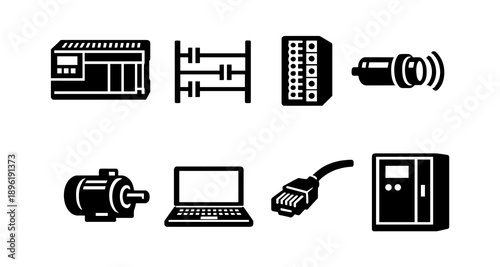 Industrial automation icon set: plc, relays, terminal blocks, sensors, motors, laptop, ethernet cable, control panel